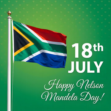 South African flag waving on pole with Nelson Mandela Day text