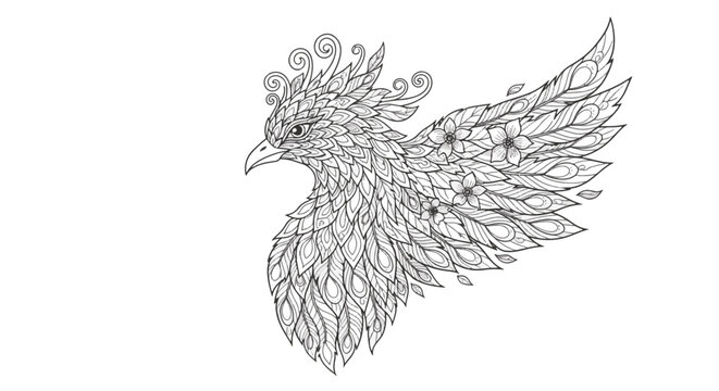 Intricate black and white line art illustration of a mythical phoenix head profile featuring floral patterns and decorative feathers, zentangle style coloring book page on white.