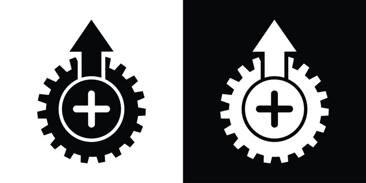 Minimalist vector icon showing a gear with an upward arrow and a plus sign inside a circle. Black and white vector set for business growth.