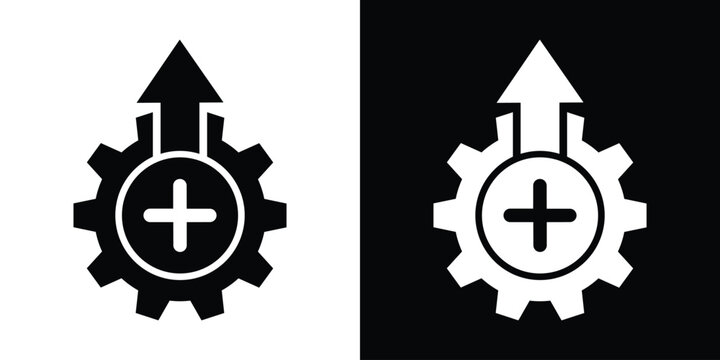 Minimalist vector icon showing a gear with an upward arrow and a plus sign inside a circle. Black and white vector set for business growth.