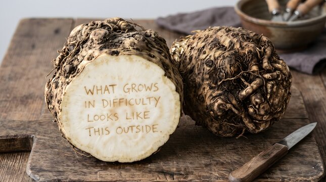 A metaphorical image of a sliced celeriac root on a rustic wooden board, featuring the carved text 'WHAT GROWS IN DIFFICULTY LOOKS LIKE THIS OUTSIDE' as a symbol of inner strength.