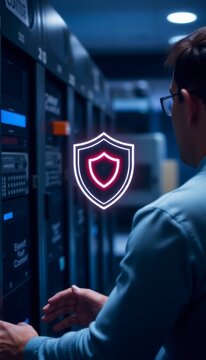Minimalist and clean illustration of an programmer selecting a graphic line cybersecurity shield icon from a rich touchless virtual mainframe record set with soft bokeh lights