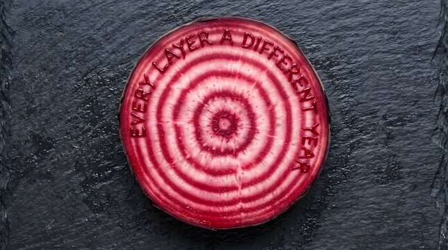 Metaphorical cross-section of a Chioggia beet with the phrase Every Layer A Different Year carved into it, emphasizing time and growth against a dark slate texture.