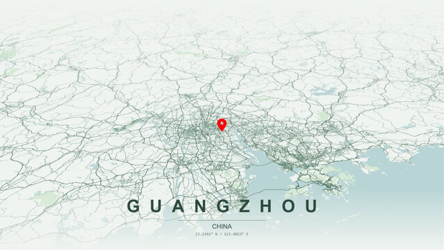 Modern minimalist vector map of Guangzhou, Guangdong, China. High-quality scalable illustration of Guangzhou city grid, Pearl Riverfront canals for posters design.