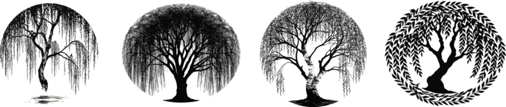 A stylized weeping birch tree silhouette with drooping branches arranged in a clean circular frame pattern, rendered in black and white vector art, isolated on a solid white background