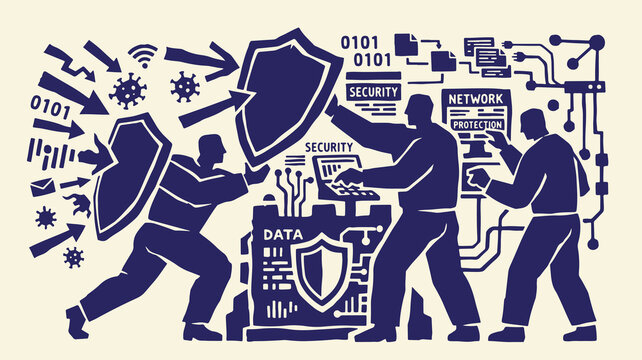 Cybersecurity team protecting network and data from cyber attacks and viruses.