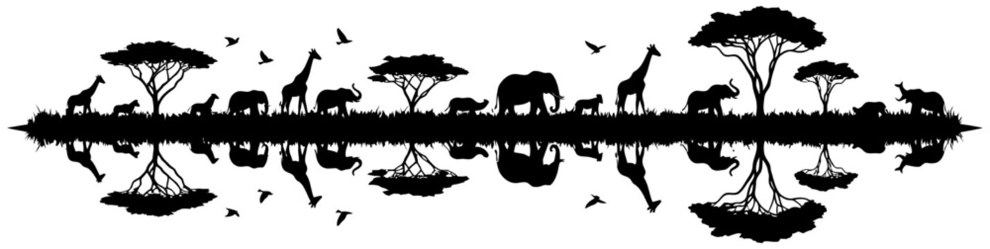African savannah wildlife silhouette scene with giraffes elephants and trees reflected in water