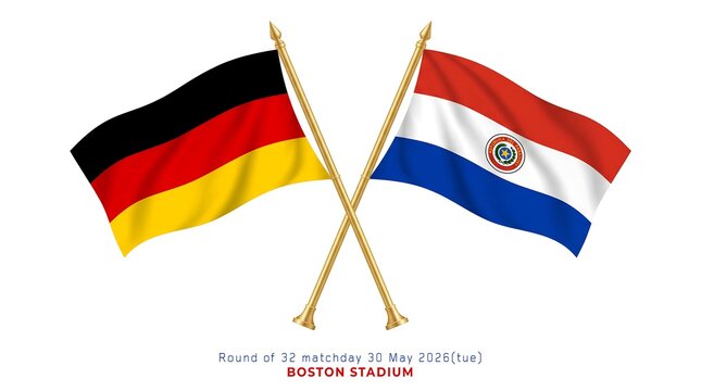 Close-up of crossed German and Paraguayan flags on wooden sticks, vibrant colors, outdoor setting