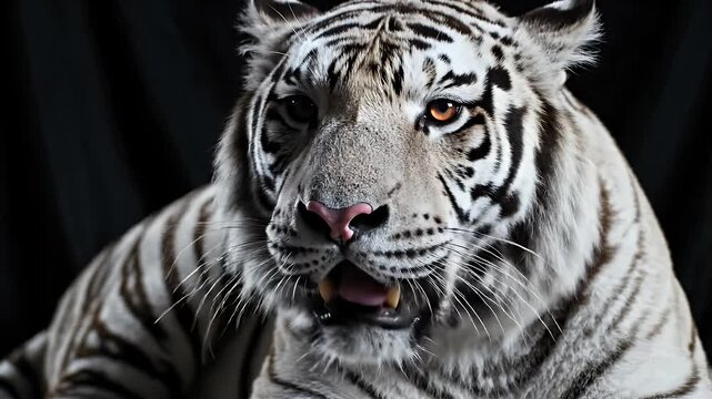 Majestic White Tiger with Orange Eyes - Close-up of a striking white tiger with intense orange eyes set against a dark backdrop.