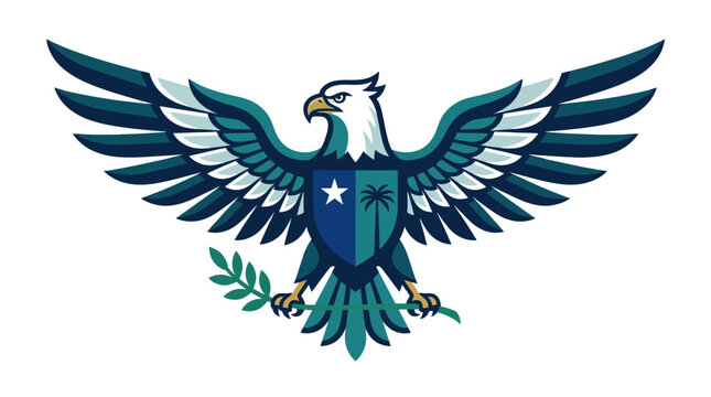 26 julyLiberia independents day Teal eagle logo, shield emblem, white star, green leaves, wings spread isolated on White Background EPS