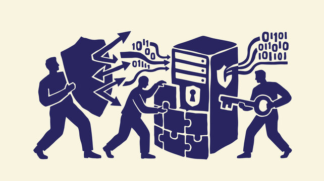 Digital data security and network protection concept with people building server firewall.