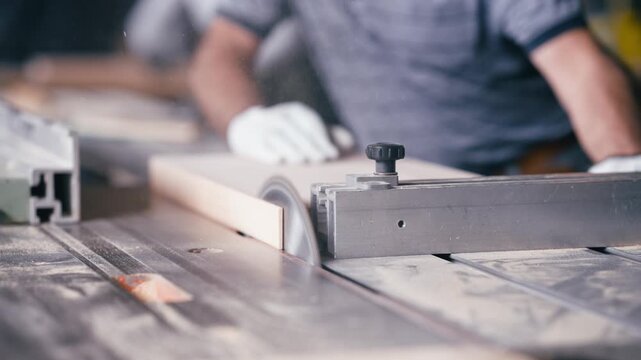 Unrecognizable craftsman wearing safety gloves cutting a wooden board. Professional carpenter working with a circular saw in his workshop