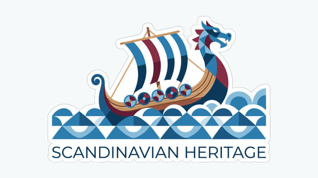 Viking ship sails through Scandinavian waters with dragon figurehead