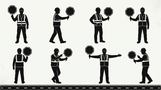 Traffic Controller and Construction Safety Worker Silhouettes &ndash; Stop Sign and Road Control Gesture Vector Collection