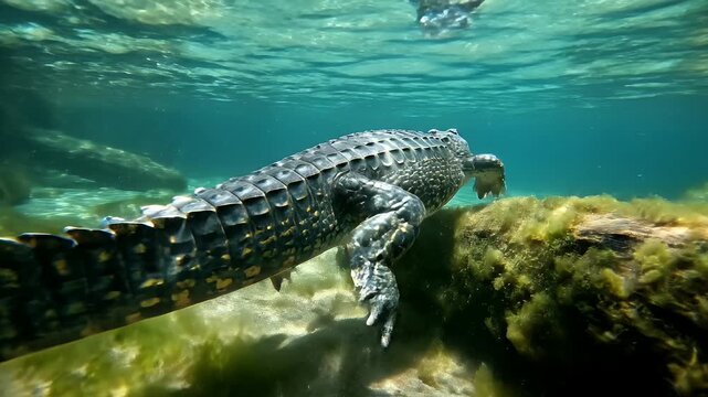Young Alligator Swimming Underwater - A young alligator glides gracefully through clear water, displaying its textured scales and webbed feet.