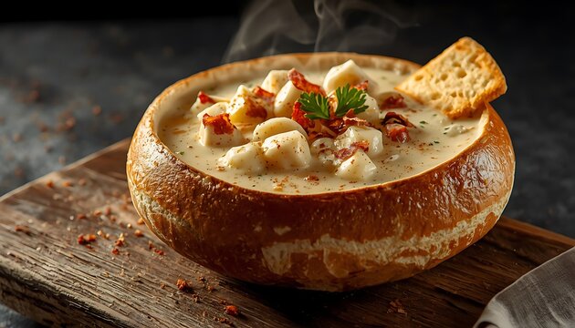 Creamy Clam Chowder Soup in Bread Bowl with Cracker and Herbs