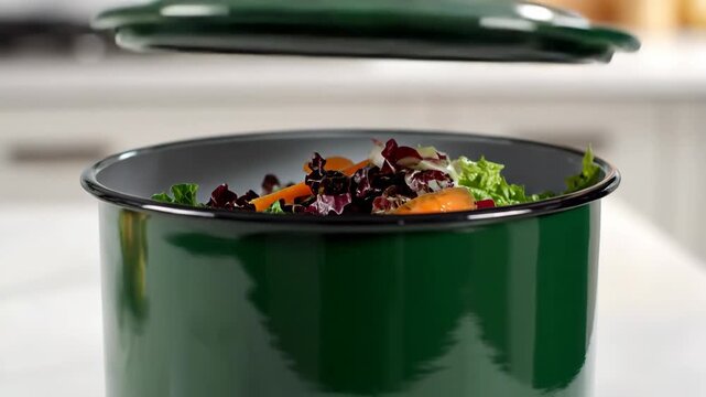 Hand putting vegetable scraps into a green enamel compost bin. Closing the lid of a kitchen compost container. Sustainable living and food waste recycling concept