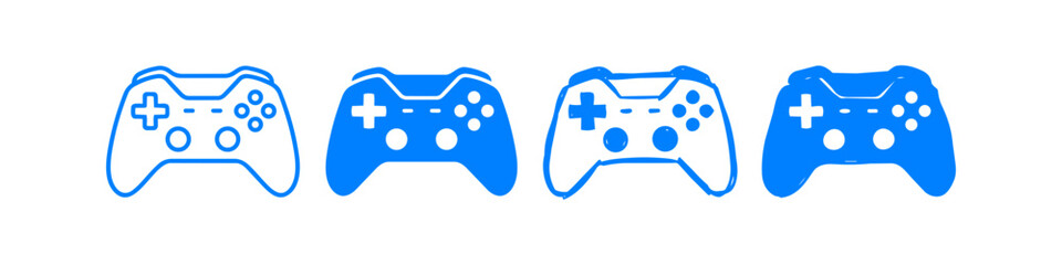 Blue gamepad icons in outline and solid styles. Minimalist vector set for gaming and tech. © Nort Kor