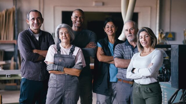 Confident team of joiners and carpenters standing together with crossed arms in a wood workshop. Diverse group of skilled craftspeople posing