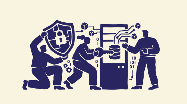 Team protecting secure data server with shield and key representing cybersecurity.