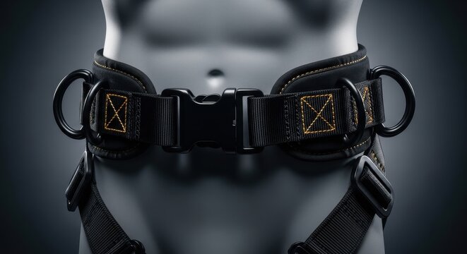Industrial safety harness belt on a mannequin torso against a dark background