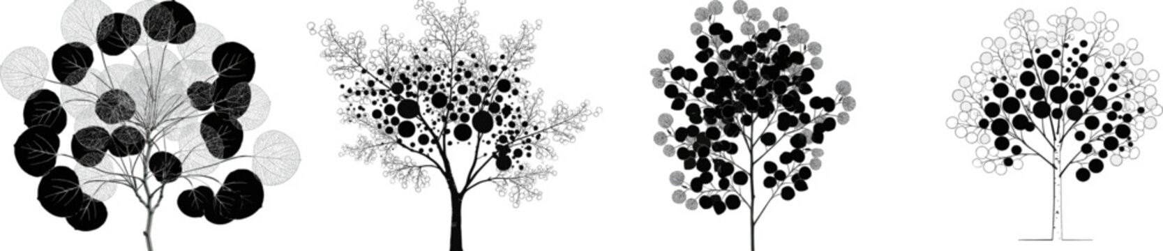 A delicate aspen tree with intricate leaf patterns is depicted in black and white vector art against a clean white background
