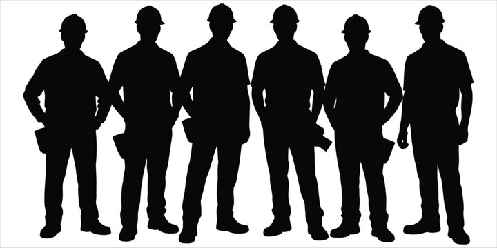 Six Black Silhouettes Of Construction Workers Wearing Hard Hats On White Background builders group