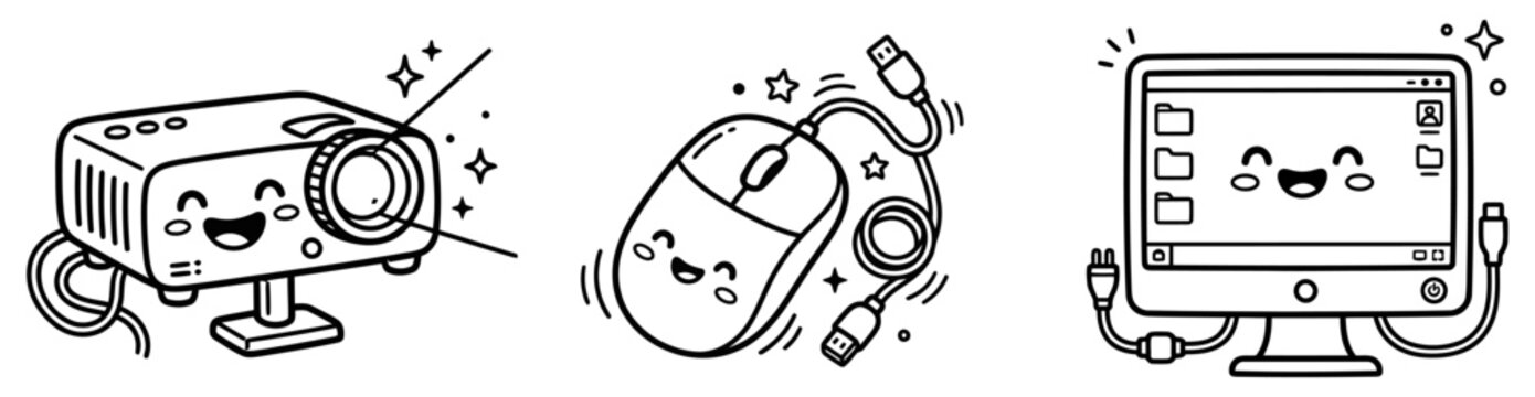Computer accessories set webcam mouse and monitor hand drawn style