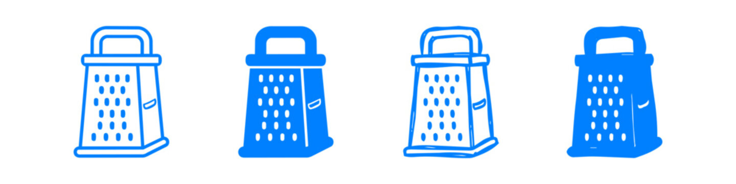 Set of four blue hand-drawn grater icons in line and solid styles. Isolated doodle vectors for kitchen and food design.