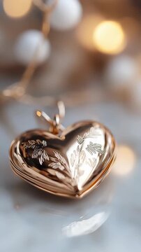 A heart-shaped gold locket sits on a surface. The locket opens and closes to show its detailed design. Soft lights are blurred in the background