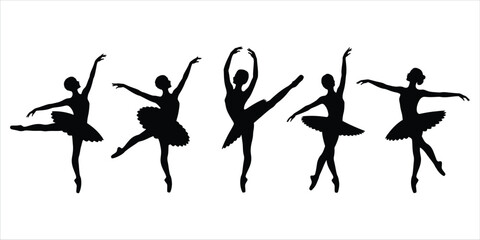 Silhouettes of five ballerinas in graceful poses on a white background ballet dancer © MdRayhan