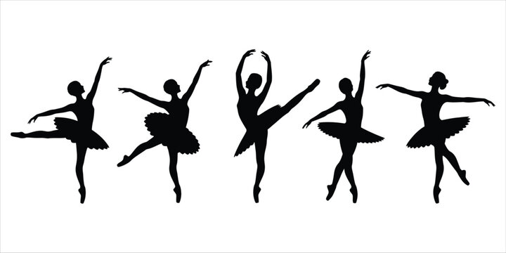 Silhouettes of five ballerinas in graceful poses on a white background ballet dancer