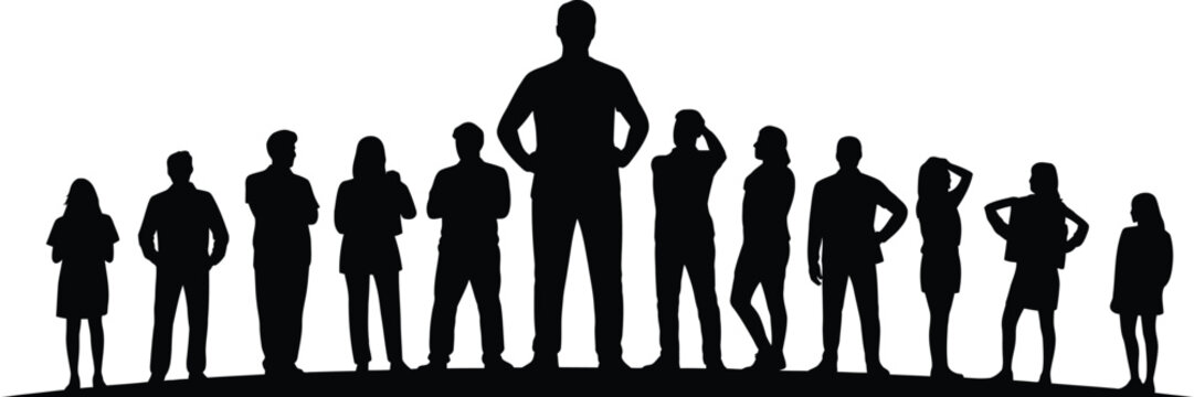 Silhouette of eleven people of varying heights standing in a line on a white background group diverse