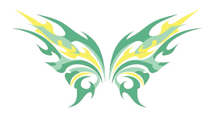 Obraz premium Symmetrical tribal butterfly wing design featuring jagged flame-like green and yellow patterns isolated on white background for tattoo art, decals, and graphic vector elements.