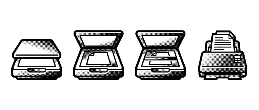 The image showcases scanning and printing icons presented in a halftone illustration style, emphasizing the tools used in document handling and reproduction.