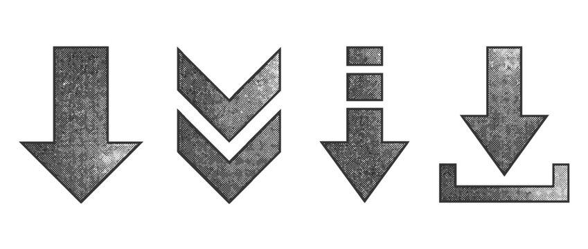 This image features four distinct downward arrows rendered in halftone style, showcasing varied designs that symbolize descent or reduction in a creative manner.