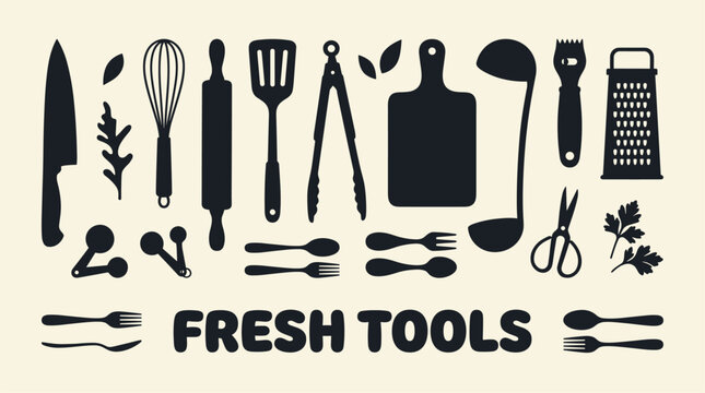 Kitchen fresh tools. Cooking utensils set. Vintage cafe graphic design.