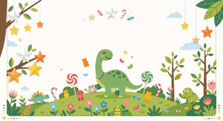 Whimsical vector scene with friendly dinosaurs roaming a lush green meadow filled with sweets, blooming flowers, and hanging golden stars. © Regina