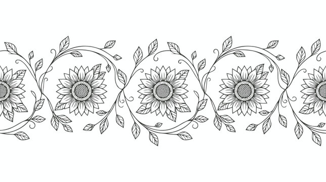 Decorative sunflower border pattern with detailed leaves and petals for design and craft projects.