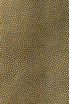 Macro closeup of olive gold shagreen pebbled leather texture filling the frame as luxury background.