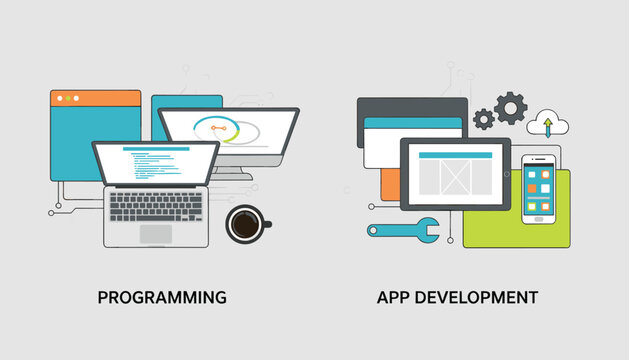 Programming and mobile app development concepts illustrated with laptop screens, coding lines, mobile phone, and tools.