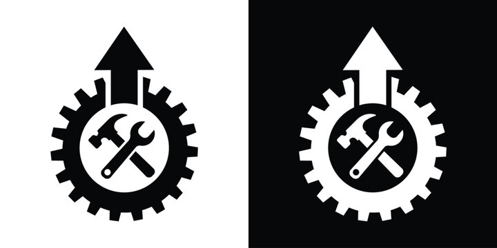 Maintenance and optimization vector graphic showing a mechanical gear with crossed hammer and wrench tools beneath an upward arrow. Black and white set.