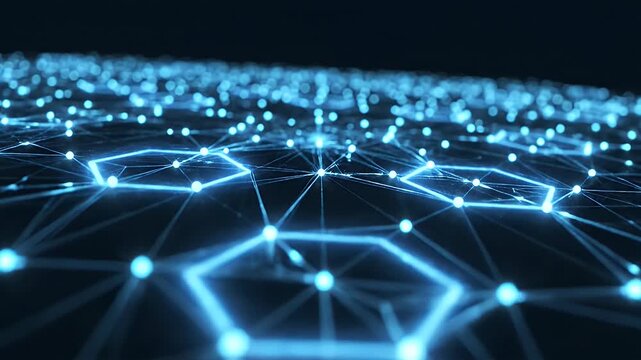 Glowing Hexagon Network - A network of glowing blue hexagons and interconnected dots is displayed against a dark background. The abstract design creates a futuristic, technological feel.