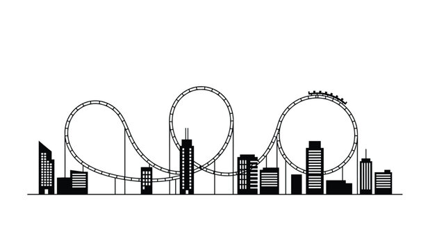 Black silhouette of a rollercoaster track and city skyline skyscrapers stands out against a clean white background.