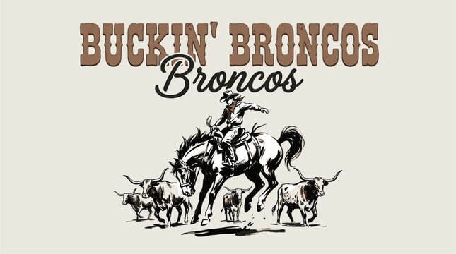 Bucking broncos cowboy. Western vintage rodeo artwork. Cowboy horse t shirt design.
