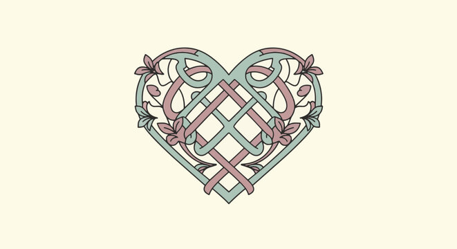Symmetrical heart emblem featuring intricate Celtic knotwork and floral patterns in muted sage green and dusty rose tones, isolated on a light cream background for decorative design.