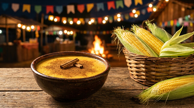 Brazilian Festa Junina Corn Pudding Curau Canjica Table Background.