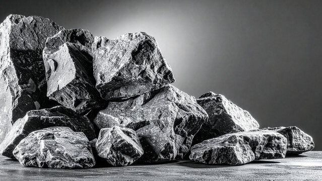 Pile of Rough Jagged Grey Rocks and Boulders in Monochrome Lighting