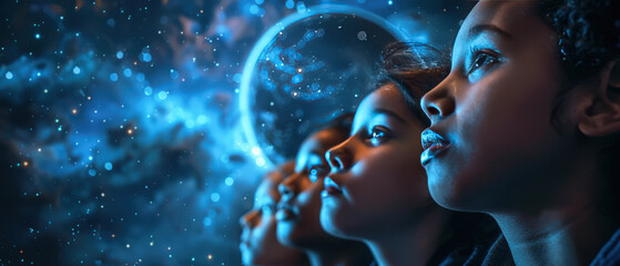 Fototapeta premium Close-up of children looking in awe at a glowing planet in a star-filled space, evoking imagination, curiosity, and dreams about the universe and future exploration
