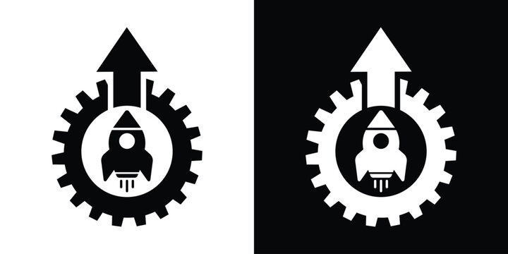 Rocket launch icon inside a gear with an upward arrow. Representing startup growth, project launch, and business acceleration. Minimalist black and white vector design.